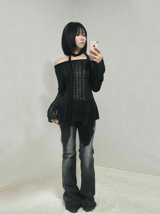 See-through Knit Halterneck Off-shoulder Mini Dress