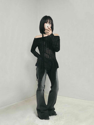 See-through Knit Halterneck Off-shoulder Mini Dress