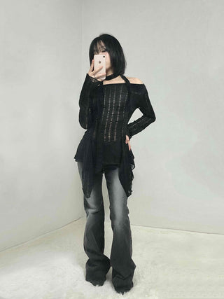 See-through Knit Halterneck Off-shoulder Mini Dress