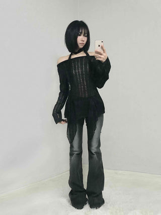 See-through Knit Halterneck Off-shoulder Mini Dress