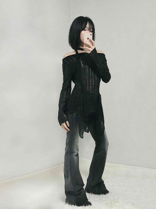 See-through Knit Halterneck Off-shoulder Mini Dress