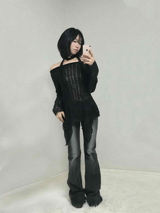 See-through Knit Halterneck Off-shoulder Mini Dress