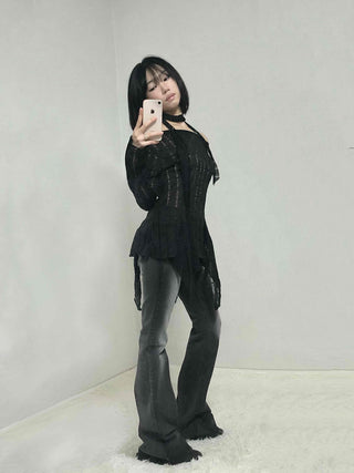 See-through Knit Halterneck Off-shoulder Mini Dress