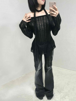 See-through Knit Halterneck Off-shoulder Mini Dress