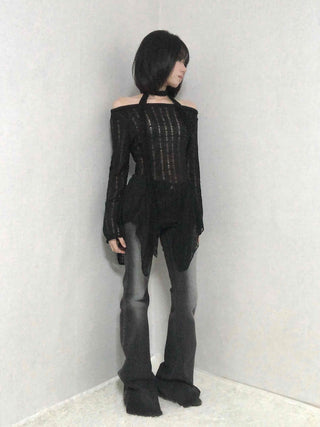 See-through Knit Halterneck Off-shoulder Mini Dress
