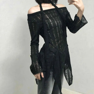 See-through Knit Halterneck Off-shoulder Mini Dress
