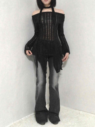 See-through Knit Halterneck Off-shoulder Mini Dress