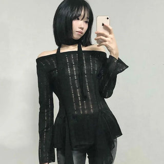 See-through Knit Halterneck Off-shoulder Mini Dress