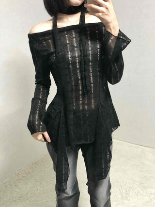 See-through Knit Halterneck Off-shoulder Mini Dress