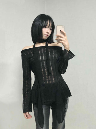 See-through Knit Halterneck Off-shoulder Mini Dress