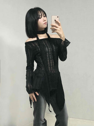 See-through Knit Halterneck Off-shoulder Mini Dress