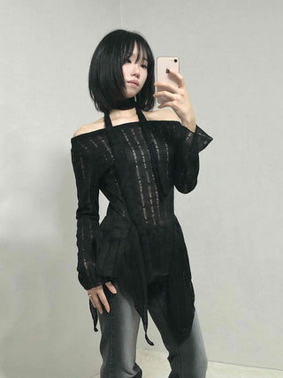 See-through Knit Halterneck Off-shoulder Mini Dress