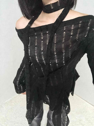 See-through Knit Halterneck Off-shoulder Mini Dress