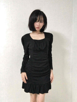 Shirred Ruffle Slim Fit Square Neck Dress
