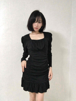 Shirred Ruffle Slim Fit Square Neck Dress