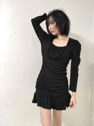 Shirred Ruffle Slim Fit Square Neck Dress
