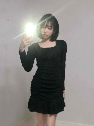Shirred Ruffle Slim Fit Square Neck Dress