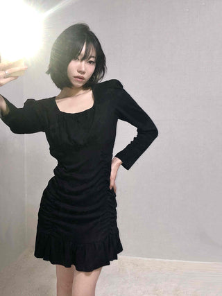 Shirred Ruffle Slim Fit Square Neck Dress