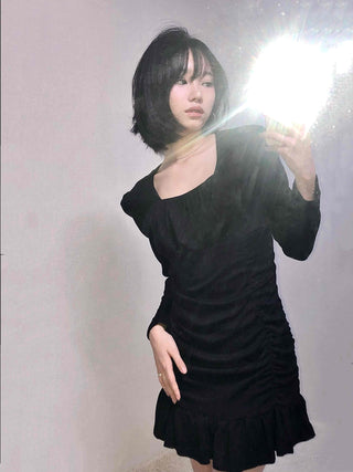 Shirred Ruffle Slim Fit Square Neck Dress