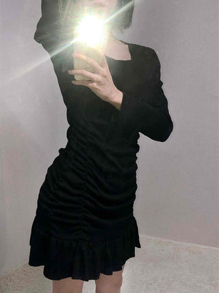 Shirred Ruffle Slim Fit Square Neck Dress