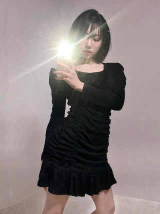 Shirred Ruffle Slim Fit Square Neck Dress