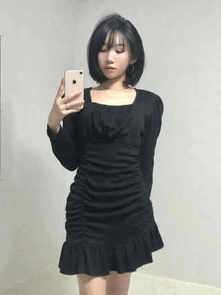 Shirred Ruffle Slim Fit Square Neck Dress