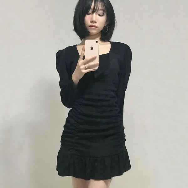 Shirred Ruffle Slim Fit Square Neck Dress