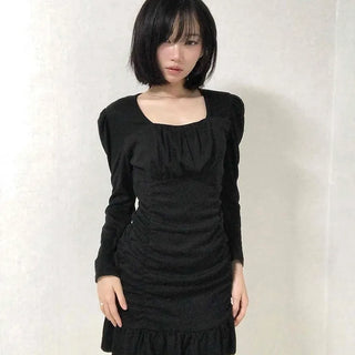 Shirred Ruffle Slim Fit Square Neck Dress