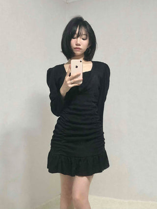 Shirred Ruffle Slim Fit Square Neck Dress