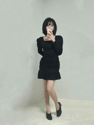 Shirred Ruffle Slim Fit Square Neck Dress