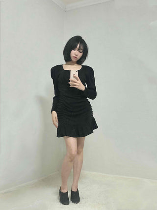 Shirred Ruffle Slim Fit Square Neck Dress