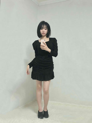 Shirred Ruffle Slim Fit Square Neck Dress