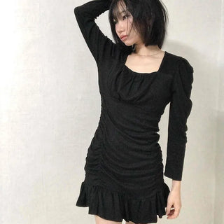 Shirred Ruffle Slim Fit Square Neck Dress