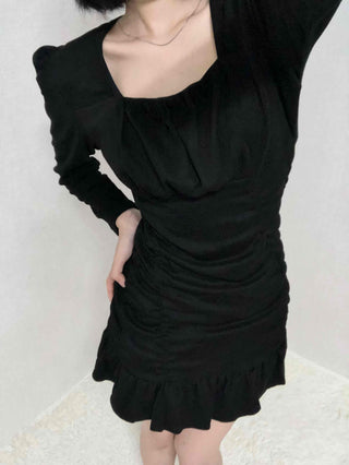 Shirred Ruffle Slim Fit Square Neck Dress