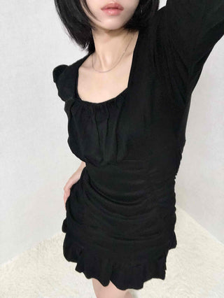 Shirred Ruffle Slim Fit Square Neck Dress