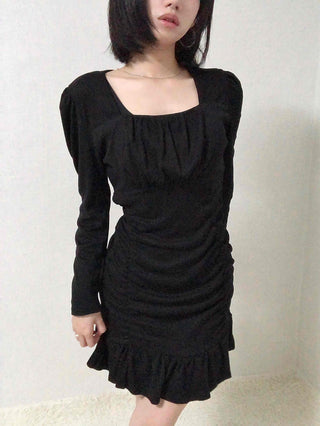 Shirred Ruffle Slim Fit Square Neck Dress