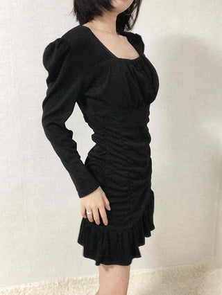 Shirred Ruffle Slim Fit Square Neck Dress