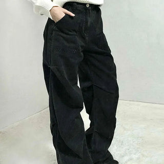 Stitched Pintuck High-Waisted Wide Denim Pants