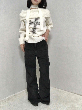 Stitched Pintuck High-Waisted Wide Denim Pants