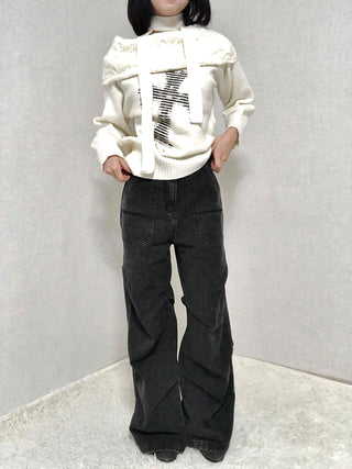 Stitched Pintuck High-Waisted Wide Denim Pants