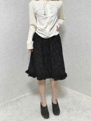 Embossed Flower Frill Elastic Waist Midi Skirt