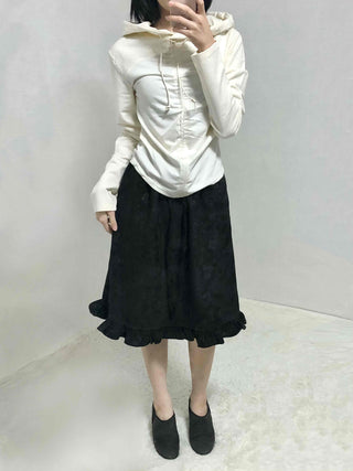 Embossed Flower Frill Elastic Waist Midi Skirt