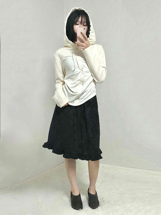 Embossed Flower Frill Elastic Waist Midi Skirt