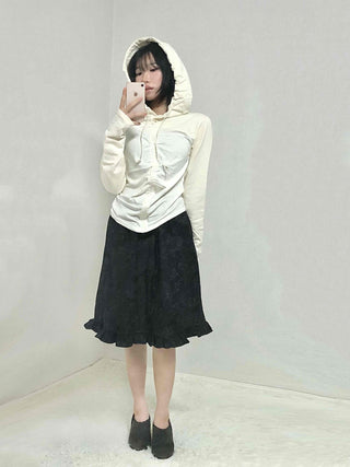 Embossed Flower Frill Elastic Waist Midi Skirt