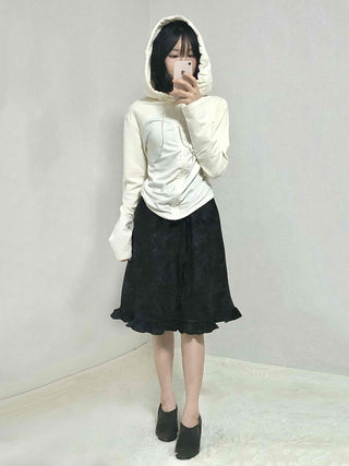 Embossed Flower Frill Elastic Waist Midi Skirt