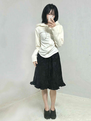 Embossed Flower Frill Elastic Waist Midi Skirt