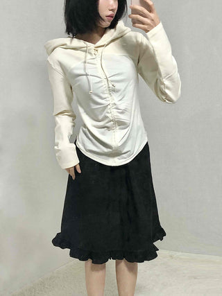 Embossed Flower Frill Elastic Waist Midi Skirt