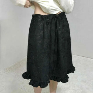 Embossed Flower Frill Elastic Waist Midi Skirt