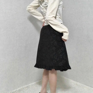 Embossed Flower Frill Elastic Waist Midi Skirt