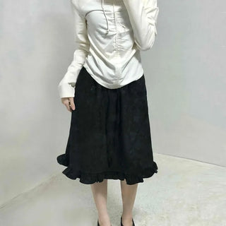 Embossed Flower Frill Elastic Waist Midi Skirt